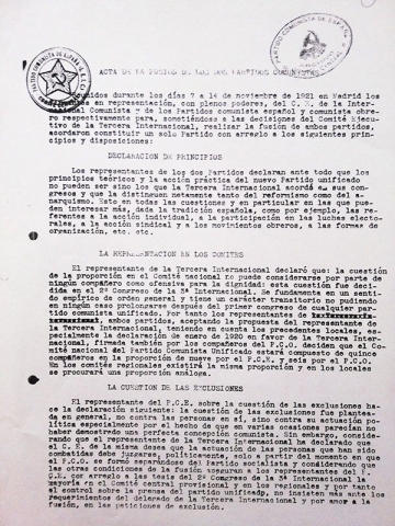 Acta de fusión del Partido Comunista Español y el PCO, 1921.